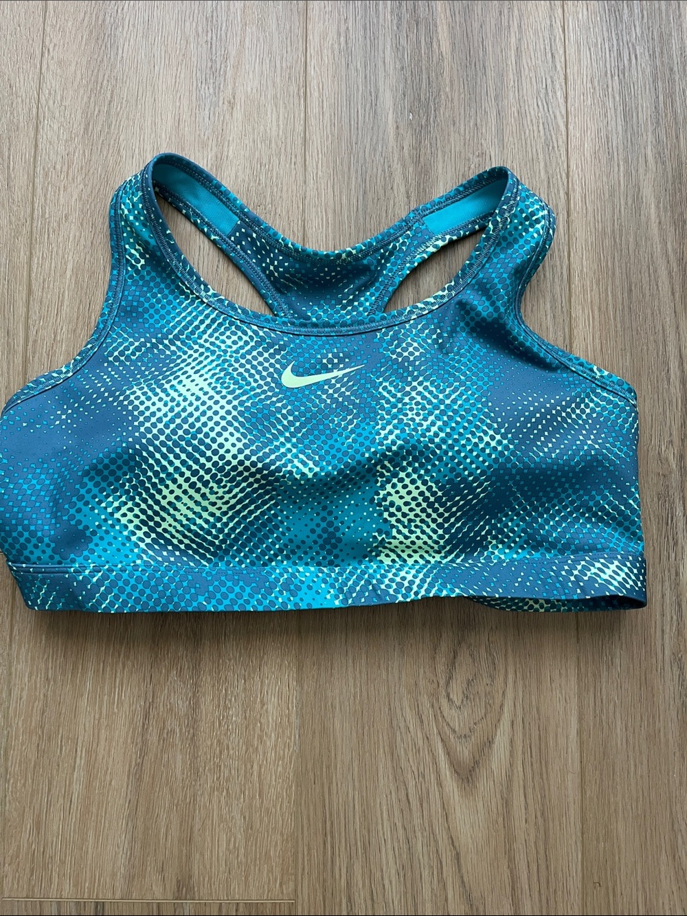 Like new Nike Swoosh Dri-Fit Women's Teal & Lime Patterned Racerback Sports Bra